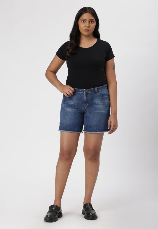 Dark Indigo Mid Rise Straight Denim Shorts
