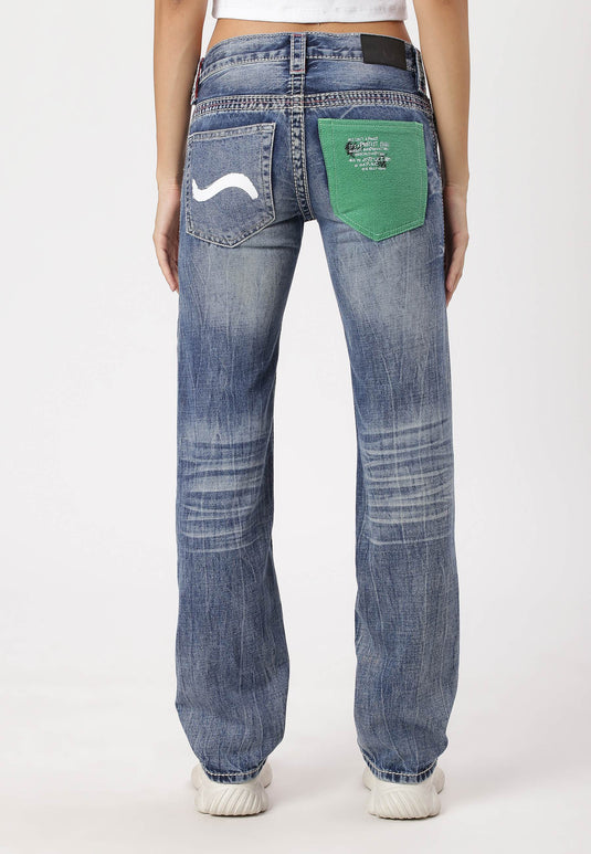 Mid Indigo Low Rise Straight Jeans