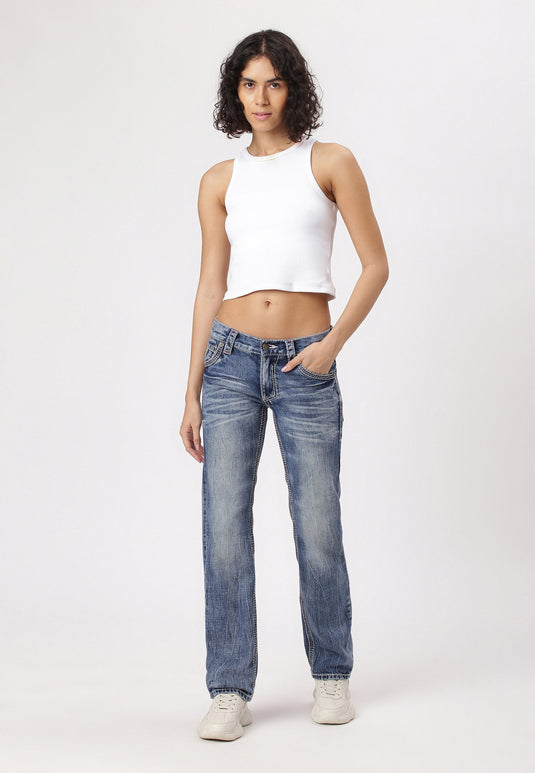 Mid Indigo Low Rise Straight Jeans