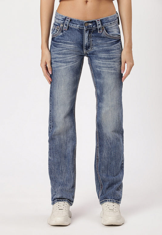 Mid Indigo Low Rise Straight Jeans