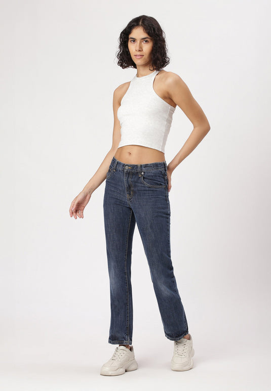 Dark Indigo Mid Rise Straight Jeans