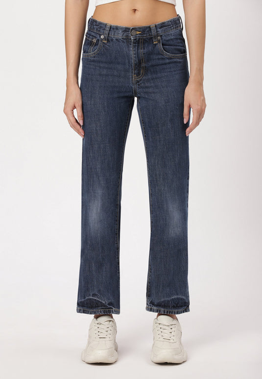 Dark Indigo Mid Rise Straight Jeans