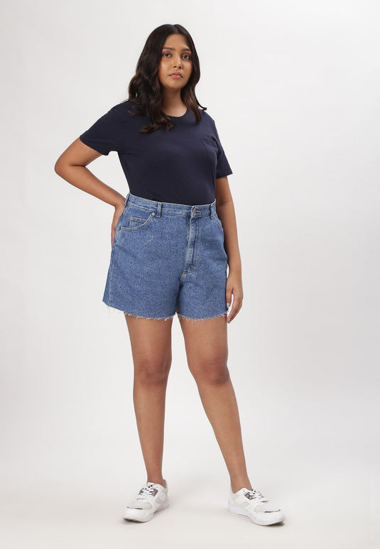 Mid Indigo High Rise Mom Fit Denim Shorts