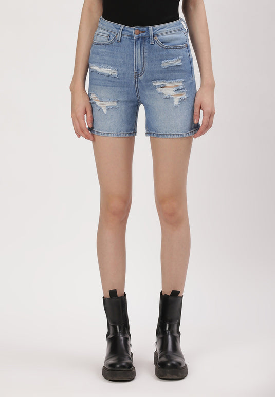 Light Indigo High Rise Straight Denim Shorts