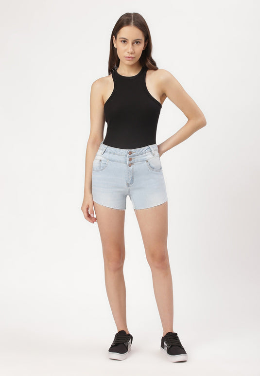 Light Indigo Mid Rise Straight Denim Shorts