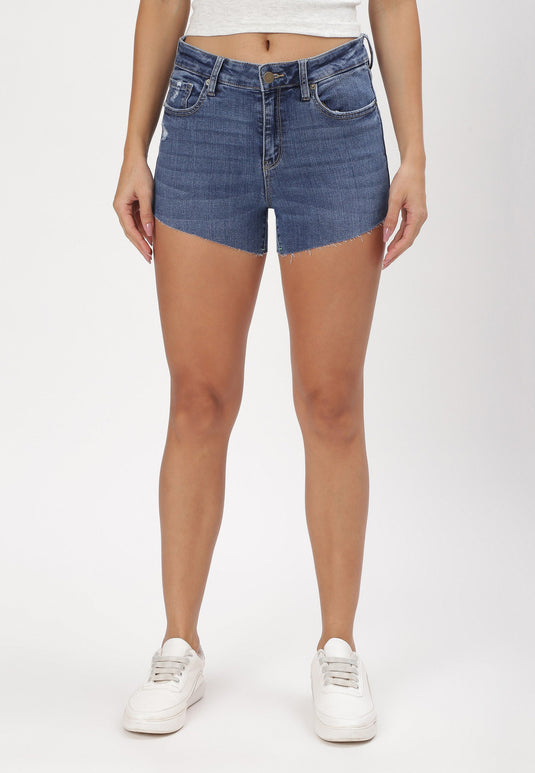 Mid Indigo Mid Rise Straight Denim Shorts