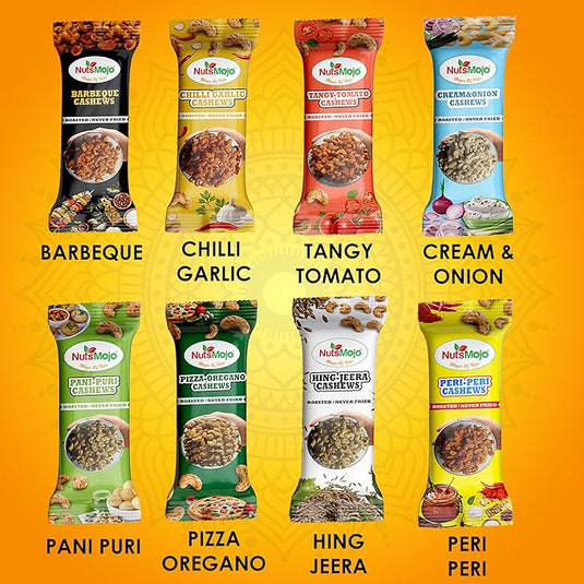 NutsMojo 8 Flavour Cashew Packets | Pack of 8 | Barbecue, Peri - Peri, Hing jeera, Pani - Puri, Chilli Garlic, Cream & Onion, Tangy Tomato, Pizza Oregano | Offer Pack