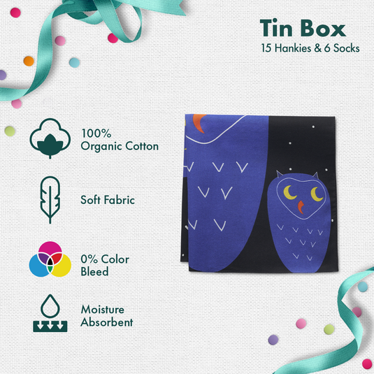 GMT! Giraffe Mood Time! Tin Gift Box, 15 Kid's Hankies + 6 Kid's Socks, 100% Organic Cotton, Box of 21