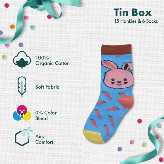 GMT! Giraffe Mood Time! Tin Gift Box, 15 Kid's Hankies + 6 Kid's Socks, 100% Organic Cotton, Box of 21