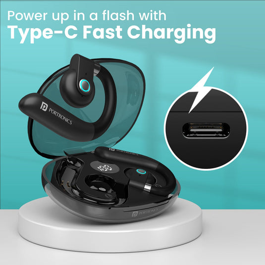 Portronics harmonics twins S14 open-ear best bluetooth earbuds come with type-c fast charging