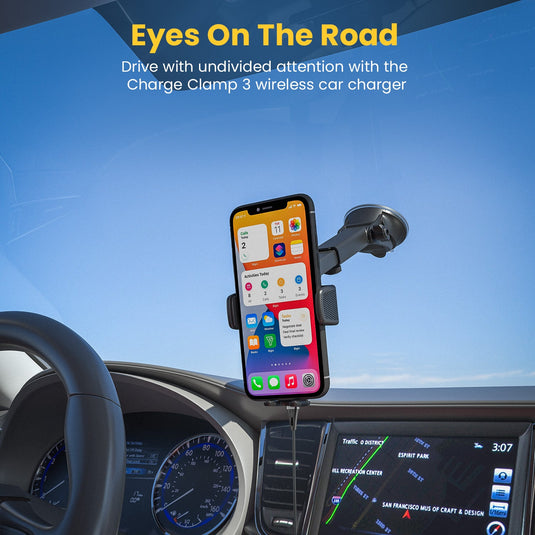 black Portronics Clamp 3 phone Holder with 15w wireless car charger