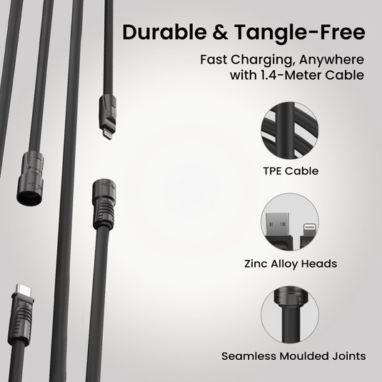 Black Portronics Konnect Tetra 4 in 1 type c fast charging cable with 1.4m tpe cable