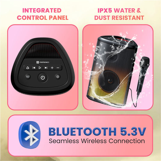black Portronics Dash 8 party speaker comes with integrated control panel, water resistant and latest bluetooth 5.3v
