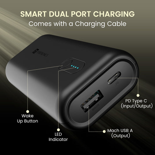 Black Portronics PowerPod 10K Power Bank| pocket Power Bank | 10000mah power bank smart dual port charging