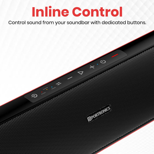 Portronics Pure Sound Pro wireless 80w soundbar with subwoofer with in line control dedicated buttons for volume and music control. black