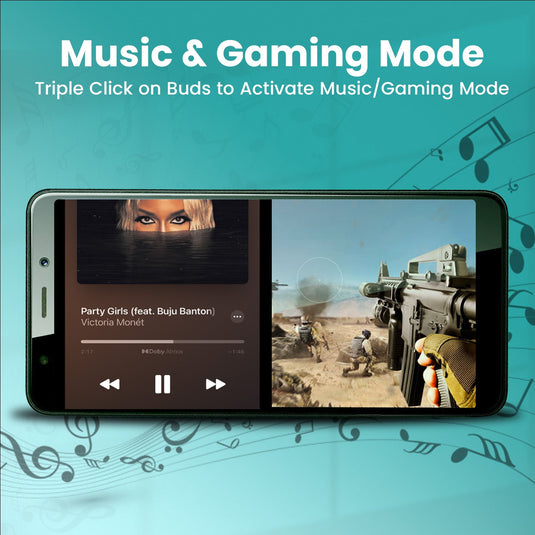 Portronics harmonics twins S14 wireless bluetooth earbuds has dual mode for music and gaming.