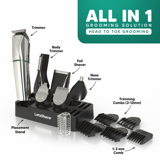 LetsShave Head, Face & Body Groomer for Men, 6 Grooming Heads + 6 Combs + 1 Stand | 90Min Runtime & Water Proof | Full Body Trimmer, Nose Trimmer, Grooming Kit, Shaver Head