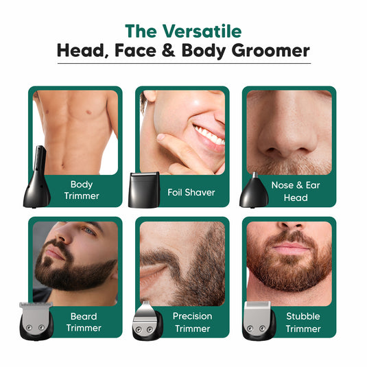 LetsShave Head, Face & Body Groomer for Men, 6 Grooming Heads + 6 Combs + 1 Stand | 90Min Runtime & Water Proof | Full Body Trimmer, Nose Trimmer, Grooming Kit, Shaver Head
