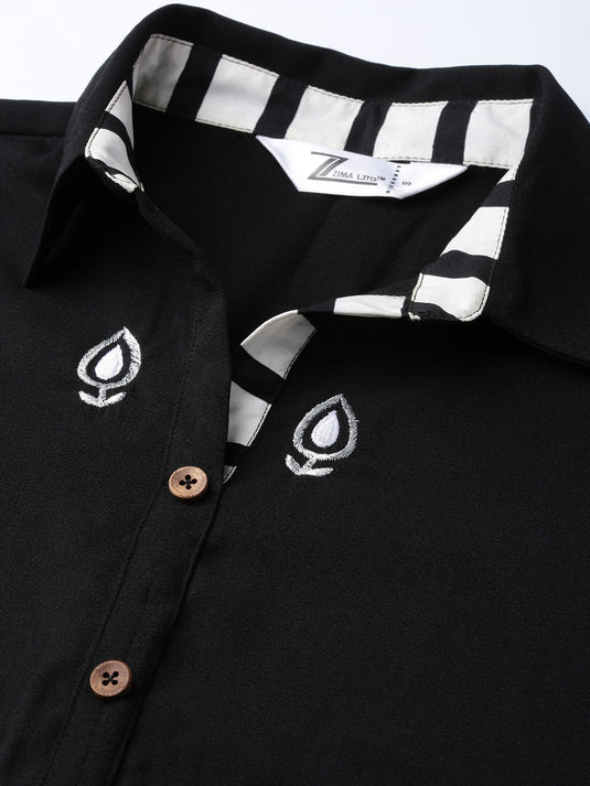 Solid Embroidered Top With Stripe Pants