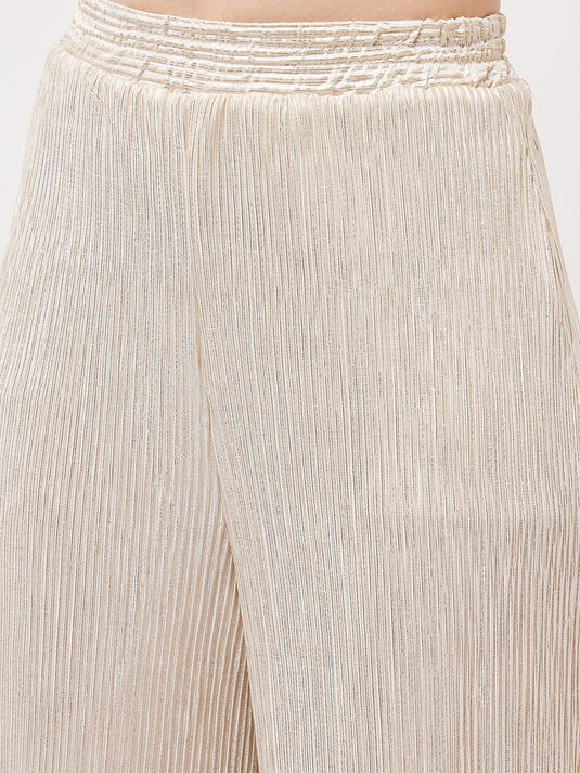 One-shoulder Crop Top With Shimmer Pleated Pants Set
