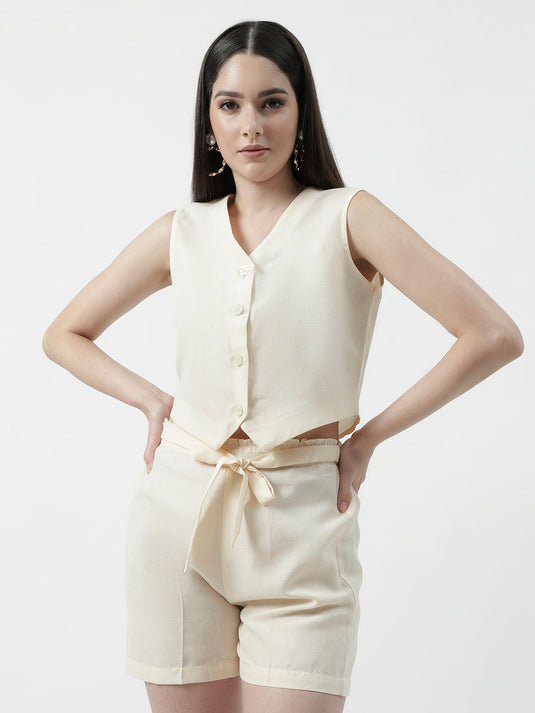 Solid Waist Coat Blazer And Shorts Set