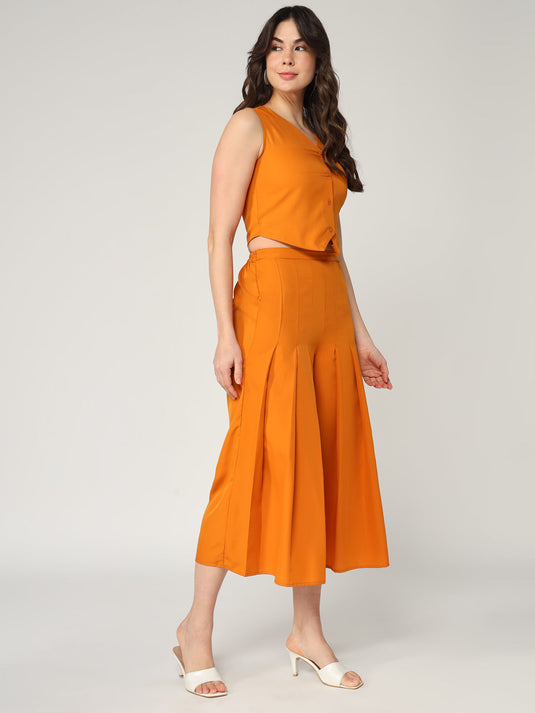 Solid Waist coat Top With Pleated Pant Set