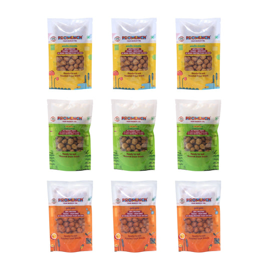 PROMUNCH Travel Combo Pack (Tangy Pudina x 3 ,Peri Peri x 3,Noodle Masala x 3) 30gm x 9