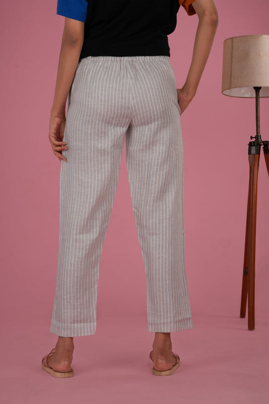 Women Beige White Stripes Hemp Lounge Pant with pocket
