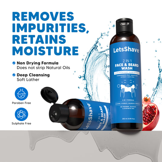 Letsshave 2-in-1 Face & Beard Wash for Men (250ml) | Gentle Cleanser with Pomegranate, Grape Seed & Aloe | Paraben & Sulphate-Free | Natural face wash for men | 250ml