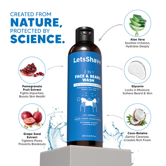 Letsshave 2-in-1 Face & Beard Wash for Men (250ml) | Gentle Cleanser with Pomegranate, Grape Seed & Aloe | Paraben & Sulphate-Free | Natural face wash for men | 250ml