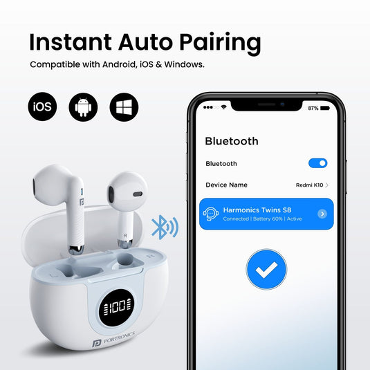White Portronics Harmonics Twins S8 Best tws bluetooth earphones comes with auto pairing