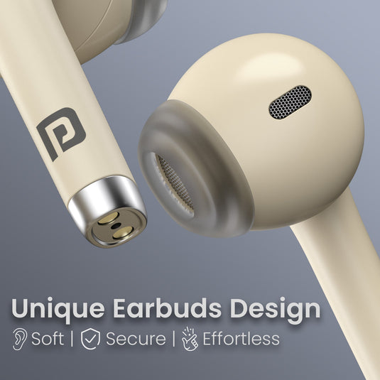 Beige Portronics Harmonics Twins s19 earbuds with active noise cancellation | Best TWS earbuds