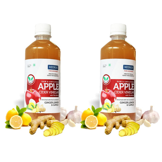 Keeros Apple Cider Vinegar for Diabetics & Weight Watchers | Infused with Ginger, Lemon & Garlic | 100% Natural, Pure, Raw, Unfiltered with Mother Vinegar | No Added Sugar