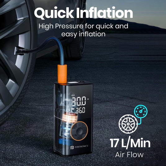 Portronics vayu 3.0 portable tyre inflator| rechargeable car tyre inflator with auto pressure & limit detects| air pump for car online| car tyre inflator