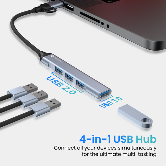Grey Portronics Mport 31 Pro 4-in-1 USB Hub with 3.0 USB and 2.0 Port for fast data transfer