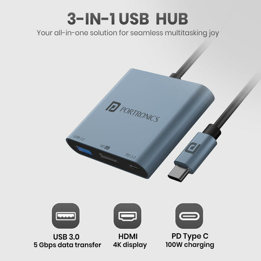 Blue Portronics C-Konnect Plus 3 in 1 usb hub for multitasking