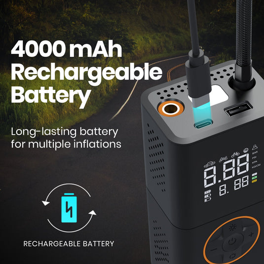 Portronics vayu 3.0 portable tyre inflator| rechargeable car tyre inflator with 4000mah rechargeable battery| tyre inflator with type c charging port| air pump for car online| car tyre inflator| led torch air pump for car