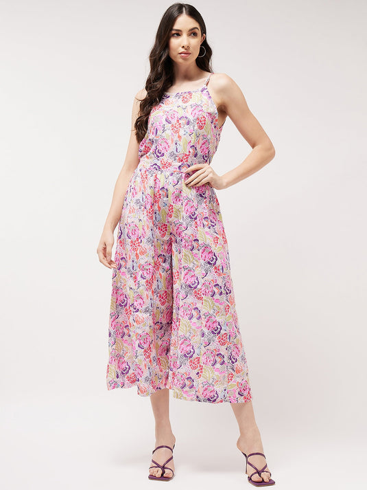 Painted Floral Look Digital Printed Strappy Multicolor Jumpsuit