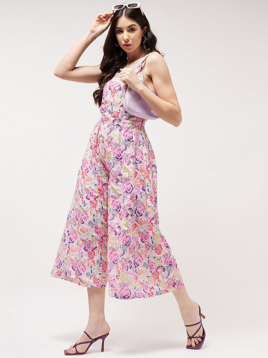 Painted Floral Look Digital Printed Strappy Multicolor Jumpsuit