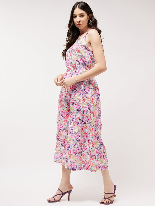 Painted Floral Look Digital Printed Strappy Multicolor Jumpsuit