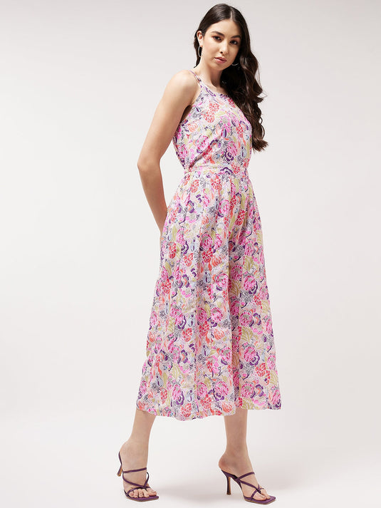 Painted Floral Look Digital Printed Strappy Multicolor Jumpsuit