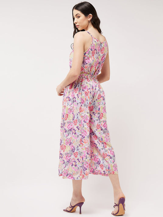 Painted Floral Look Digital Printed Strappy Multicolor Jumpsuit