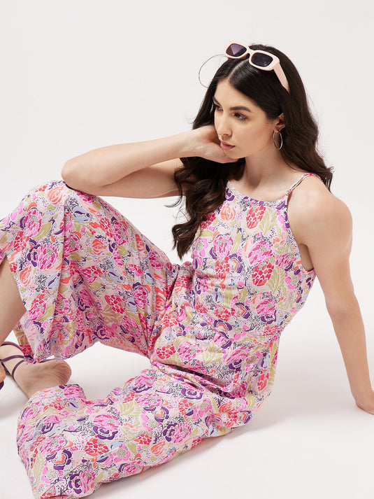 Painted Floral Look Digital Printed Strappy Multicolor Jumpsuit