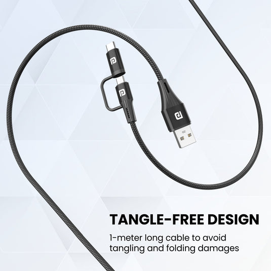 Portronics Konnect J7 Dual headed Cable Micro and Type C Cable tangle free cable. Black