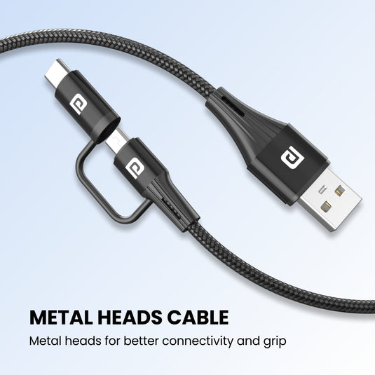 Portronics Konnect J7 Dual headed Cable Micro and Type C Cable with metal head. Black