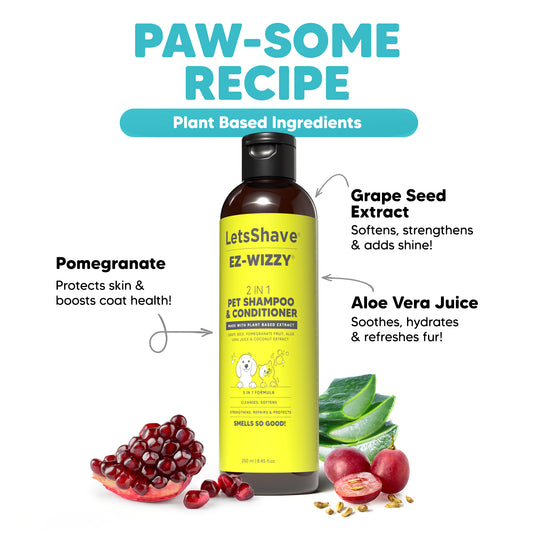 LetsShave EZ-WIZZY 2 in 1 Pet Shampoo for dogs (1000ml), Enriched with Pomegranate & Aloe Vera Juice, Puppy Safe Formula, Shampoo & Conditioner for Dogs, Cats & Other Animals, (250ml x 4)