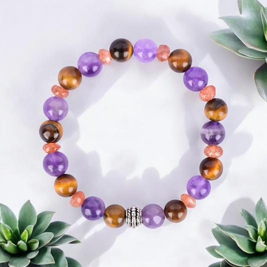 Amethyst, Tiger's Eye, and Sunstone Healing Bracelet for Calm, Confidence, and Vitality