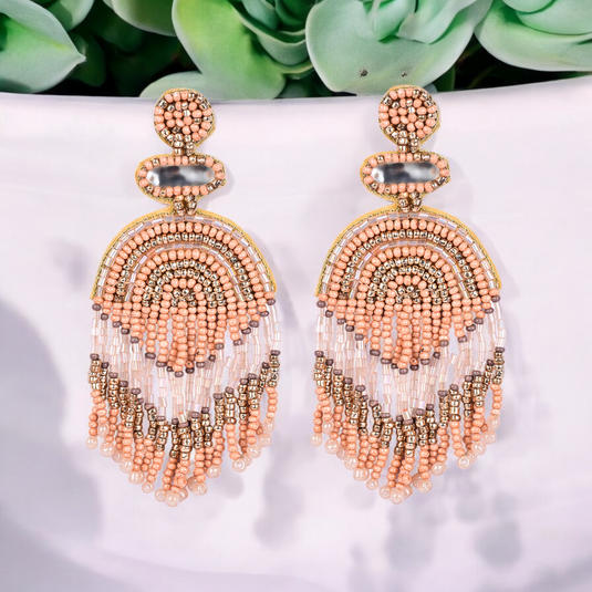 Boho Chic Beaded Dangle Earrings - Peach and Gold Statement Jewellery