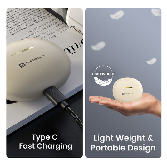 Beige Portronics Harmonics Twins s19 best TWS earbuds with fast charge| 30hr playtime best Bluetooth earbuds