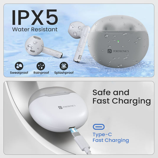 Portronics Harmonics Twins s20 TWS earbuds comes with IPX5 water resistant and type c fast charging. White